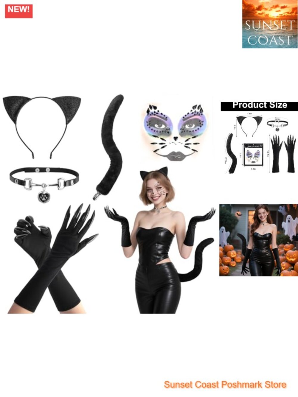 5Pc Cat Cosplay Costume Accessories Set: Gloves, Ears, Tail, Necklace, Face Gems